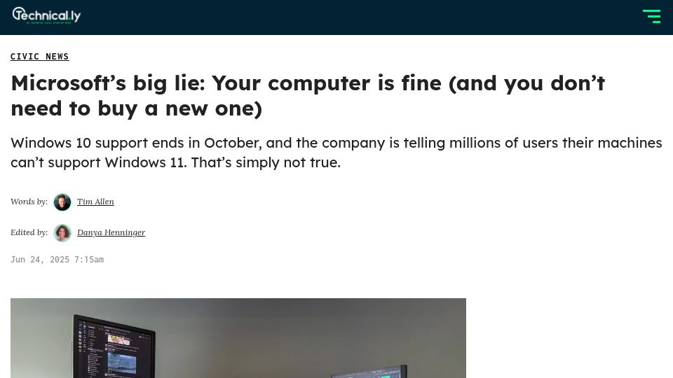 Screenshot of technical.ly: Microsoft's big lie: Your computer is fine, and you don't need to buy a new one
