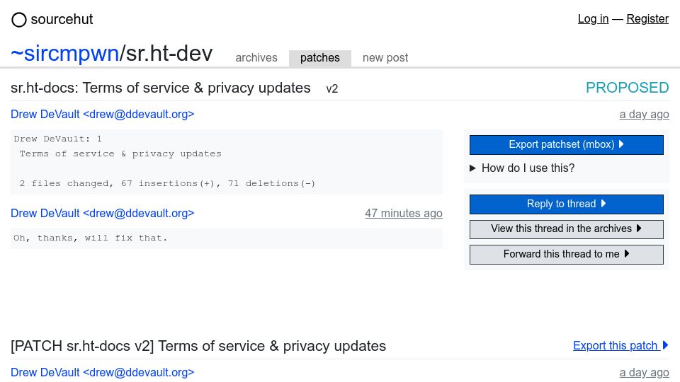 Screenshot of lists.sr.ht: SourceHut moves business operations from US to Europe