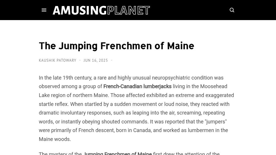 Screenshot of amusingplanet.com: The Jumping Frenchmen of Maine