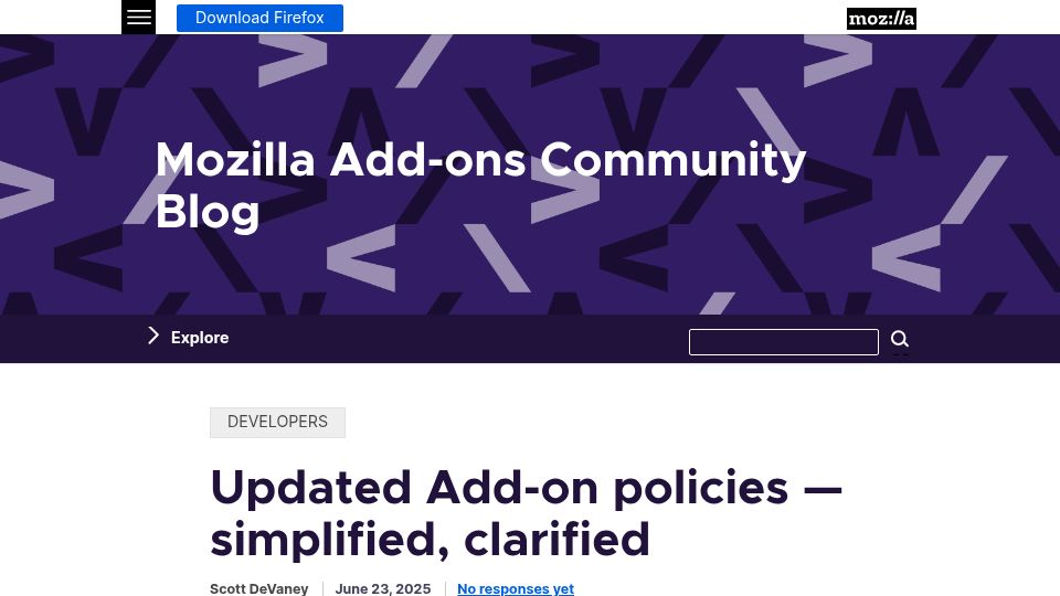 Screenshot of blog.mozilla.org: New Firefox Add-On Policies