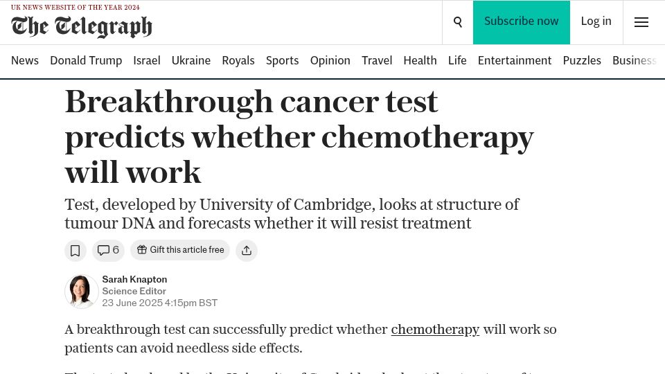 Screenshot of telegraph.co.uk: Breakthrough cancer test predicts whether chemotherapy will work