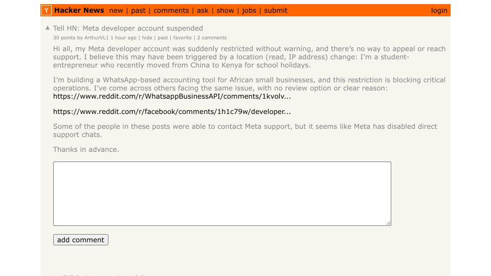 Screenshot of Hacker News post: Tell HN: Meta developer account suspended