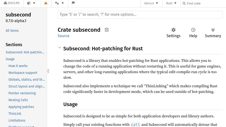 Screenshot of docs.rs: Subsecond: A runtime hotpatching engine for Rust hot-reloading