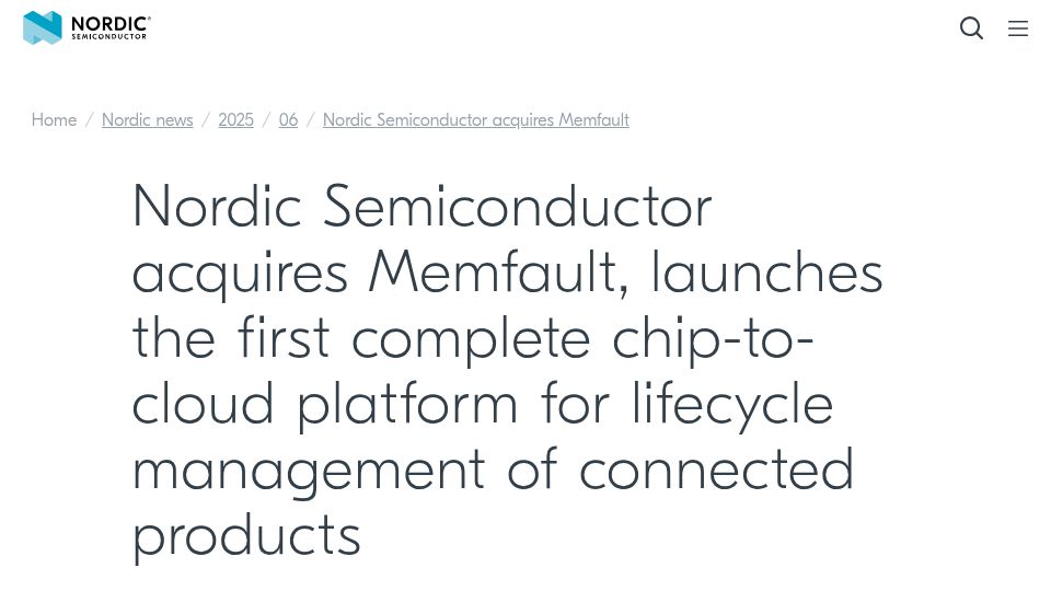 Screenshot of nordicsemi.com: Nordic Semiconductor Acquires Memfault