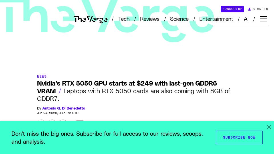 Screenshot of theverge.com: Nvidia's RTX 5050 GPU starts at $249 with last-gen GDDR6 VRAM