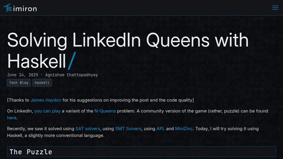 Screenshot of imiron.io: Solving LinkedIn Queens Using Haskell