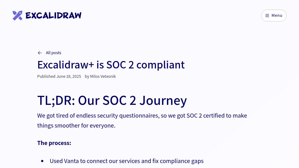 Screenshot of plus.excalidraw.com: Excalidraw+ Is Now SoC 2 Certified