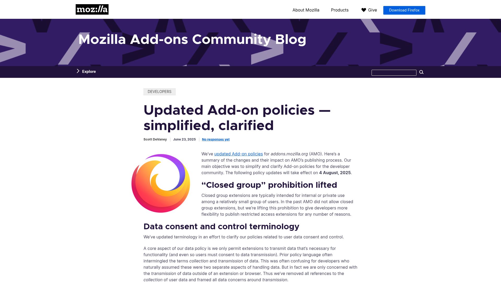 Screenshot of blog.mozilla.org: New Firefox Add-On Policies