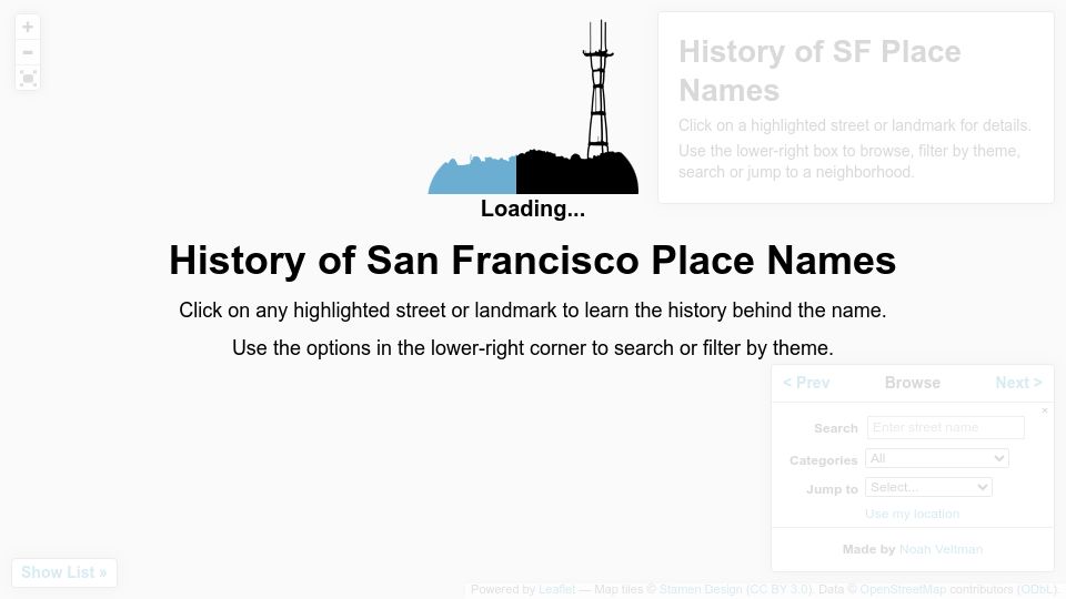 Screenshot of sfstreets.noahveltman.com: SFStreets: History of San Francisco place names