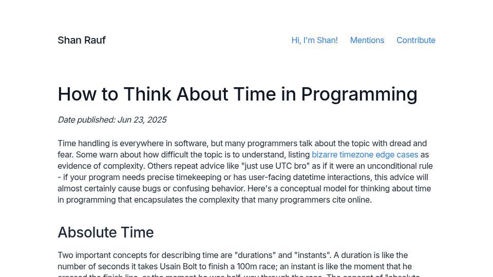 Screenshot of shanrauf.com: How to Think About Time in Programming