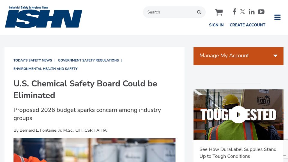 Screenshot of ishn.com: U.S. Chemical Safety Board could be eliminated