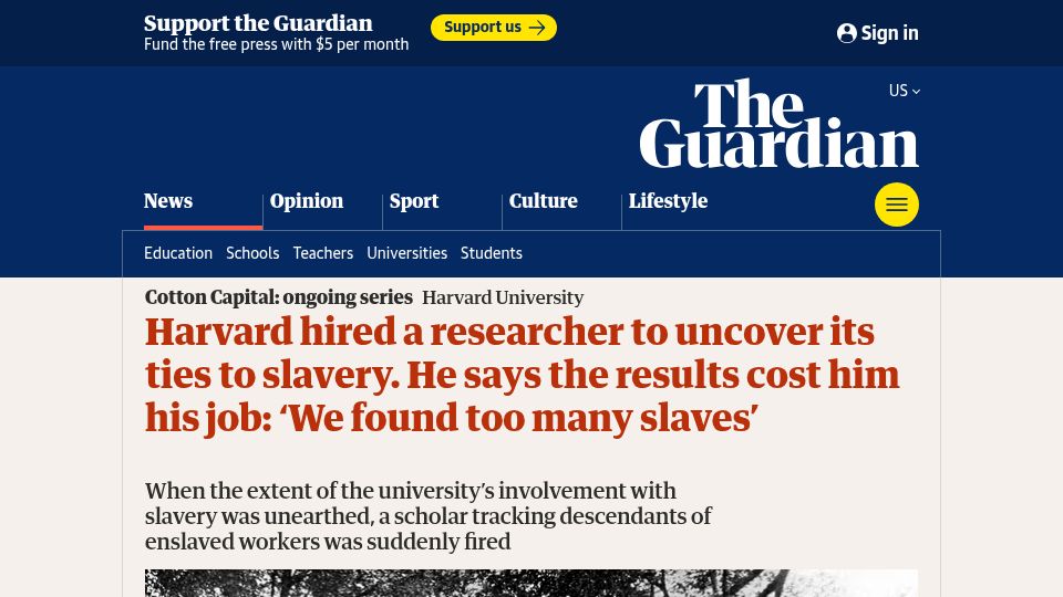 Screenshot of theguardian.com: Harvard hired researcher to uncover slavery ties, fires him for finding slaves