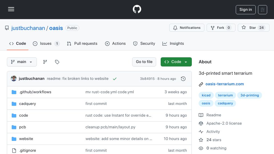 Screenshot of github.com: Show HN: Oasis – An open-source, 3D-printed smart terrarium