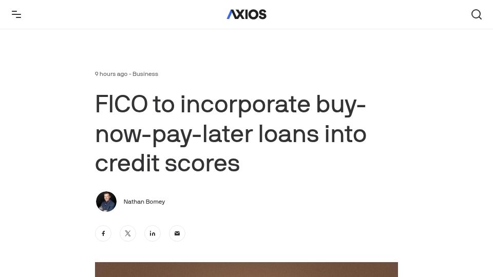 Screenshot of axios.com: FICO to incorporate buy-now-pay-later loans into credit scores
