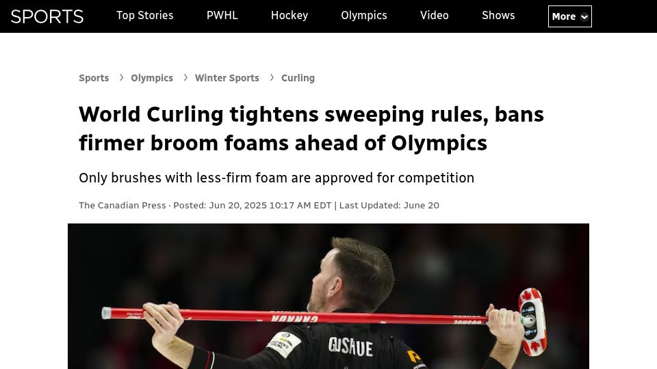 Screenshot of cbc.ca: World Curling tightens sweeping rules, bans firmer broom foams ahead of Olympics
