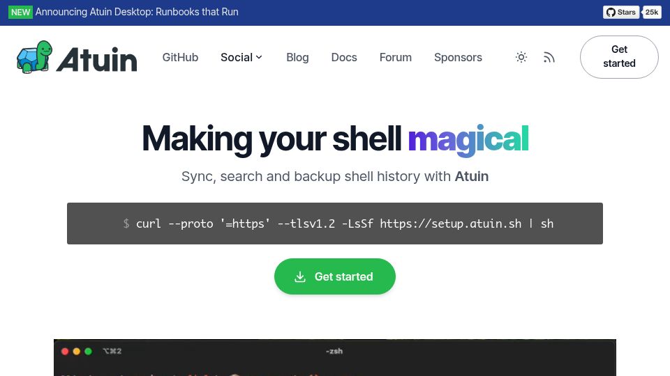 Screenshot of atuin.sh: Atuin – Magical Shell History