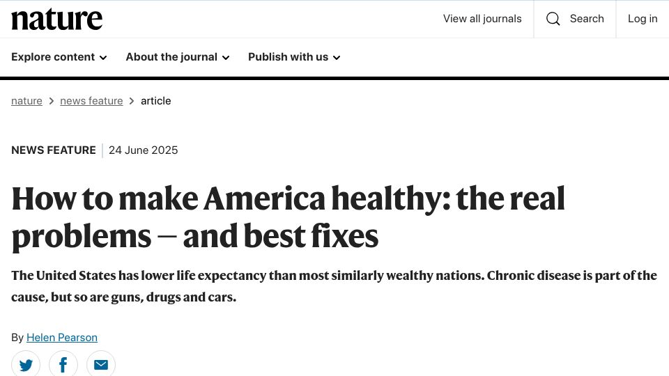 Screenshot of nature.com: The United States has lower life expectancy than most similarly wealthy nations