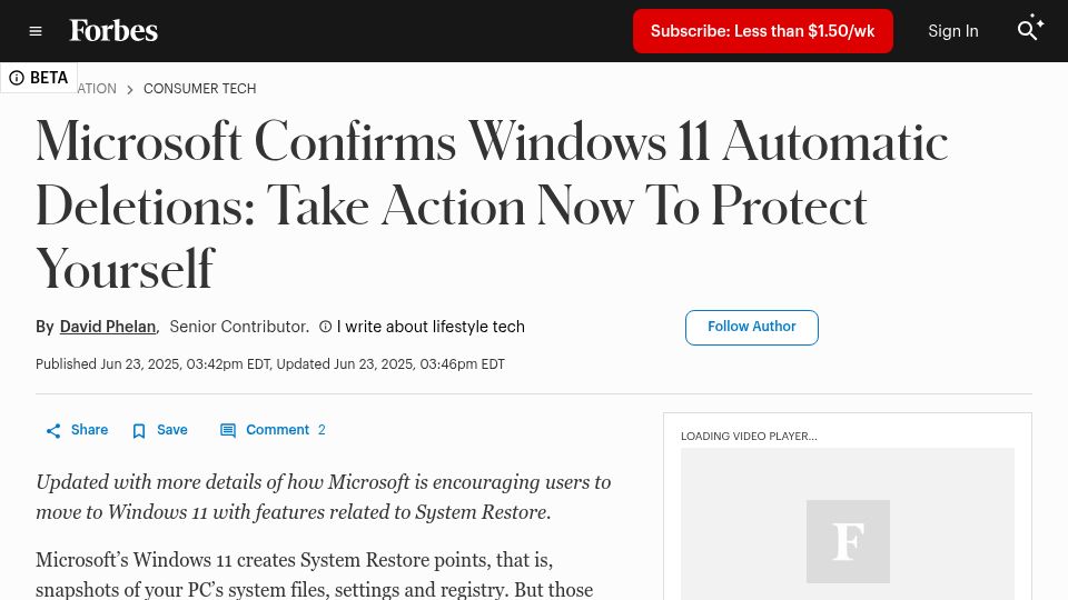 Screenshot of forbes.com: Microsoft confirms Windows 11 automatic deletions of System Restore points