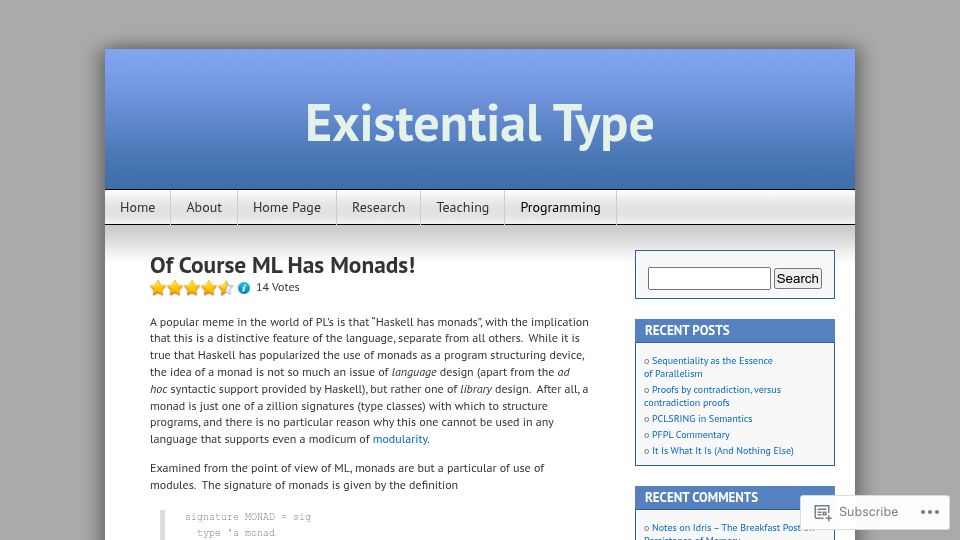 Screenshot of existentialtype.wordpress.com: Of Course ML Has Monads (2011)