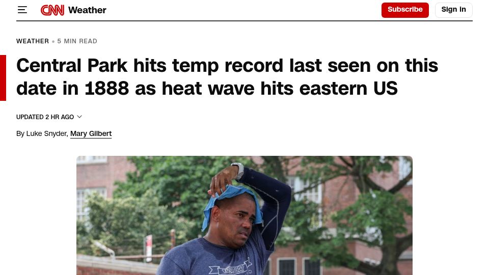 Screenshot of cnn.com: Central Park hits temp record last seen in 1888