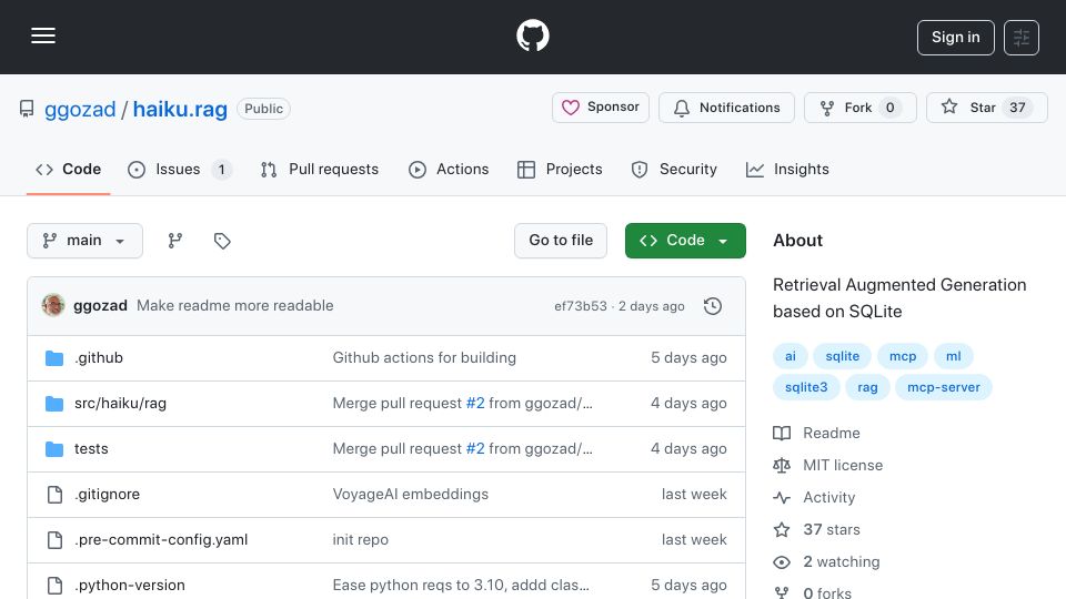 Screenshot of github.com: Retrieval Augmented Generation Based on SQLite