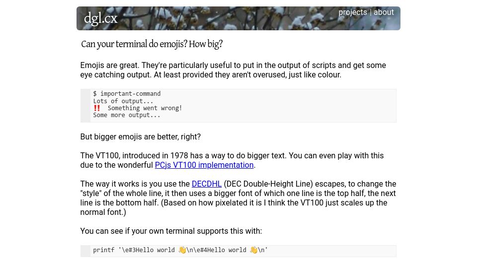Screenshot of dgl.cx: Can your terminal do emojis? How big?