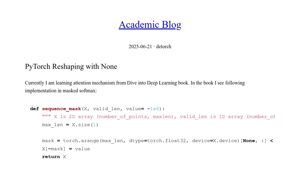 Screenshot of blog.detorch.xyz: PyTorch Reshaping with None