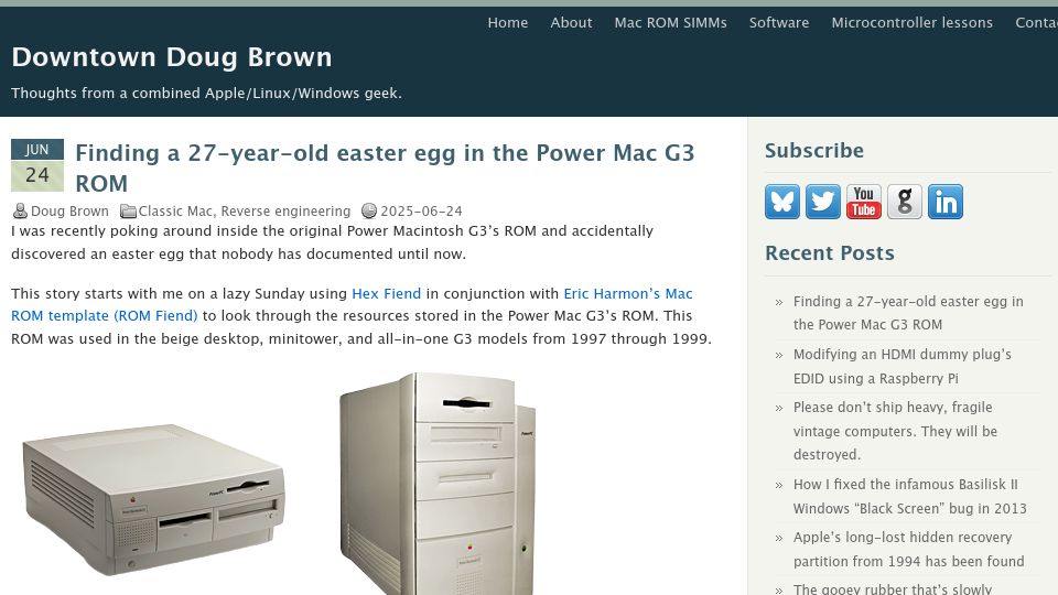 Screenshot of downtowndougbrown.com: Finding a 27-year-old easter egg in the Power Mac G3 ROM