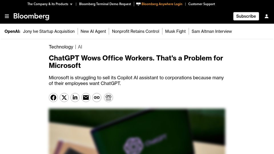 Screenshot of bloomberg.com: ChatGPT's enterprise success against Copilot fuels OpenAI/Microsoft rivalry