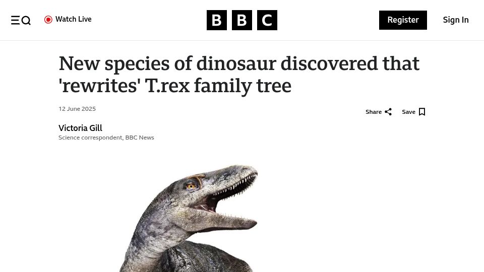 Screenshot of bbc.com: 'Dragon prince' dinosaur discovery 'rewrites' T.rex family tree