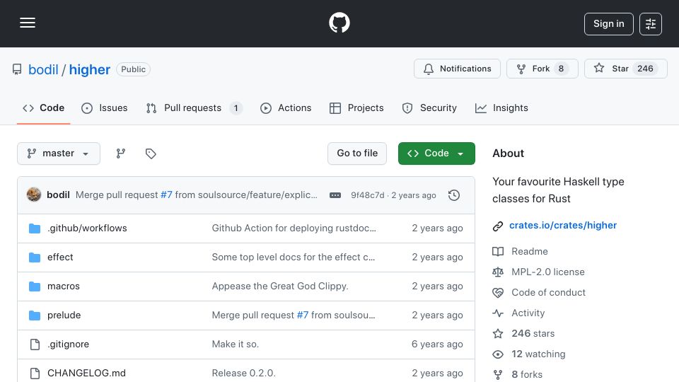Screenshot of github.com: Higher: Favourite Haskell type classes for Rust (2023)