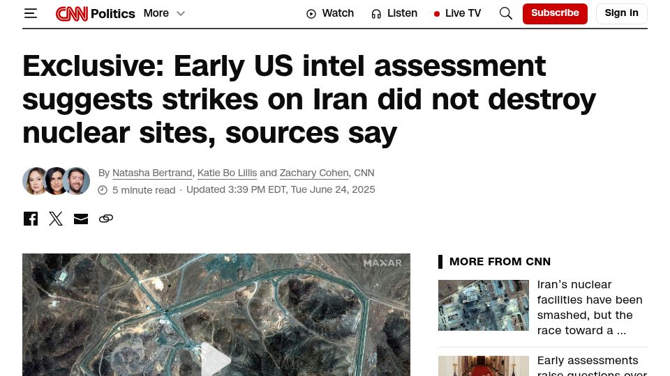 Screenshot of cnn.com: Early US Intel assessment suggests strikes on Iran did not destroy nuclear sites