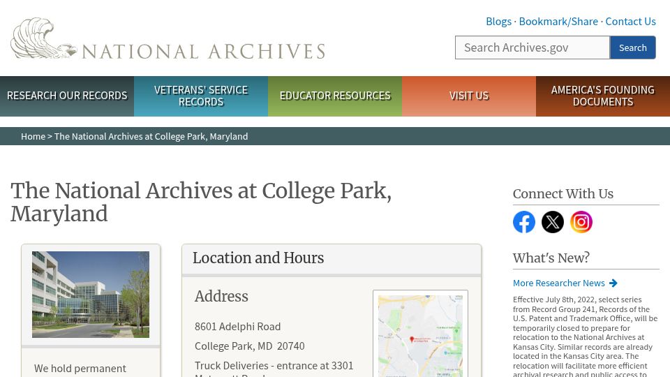 Screenshot of archives.gov: National Archives at College Park, MD, will become a restricted federal facility