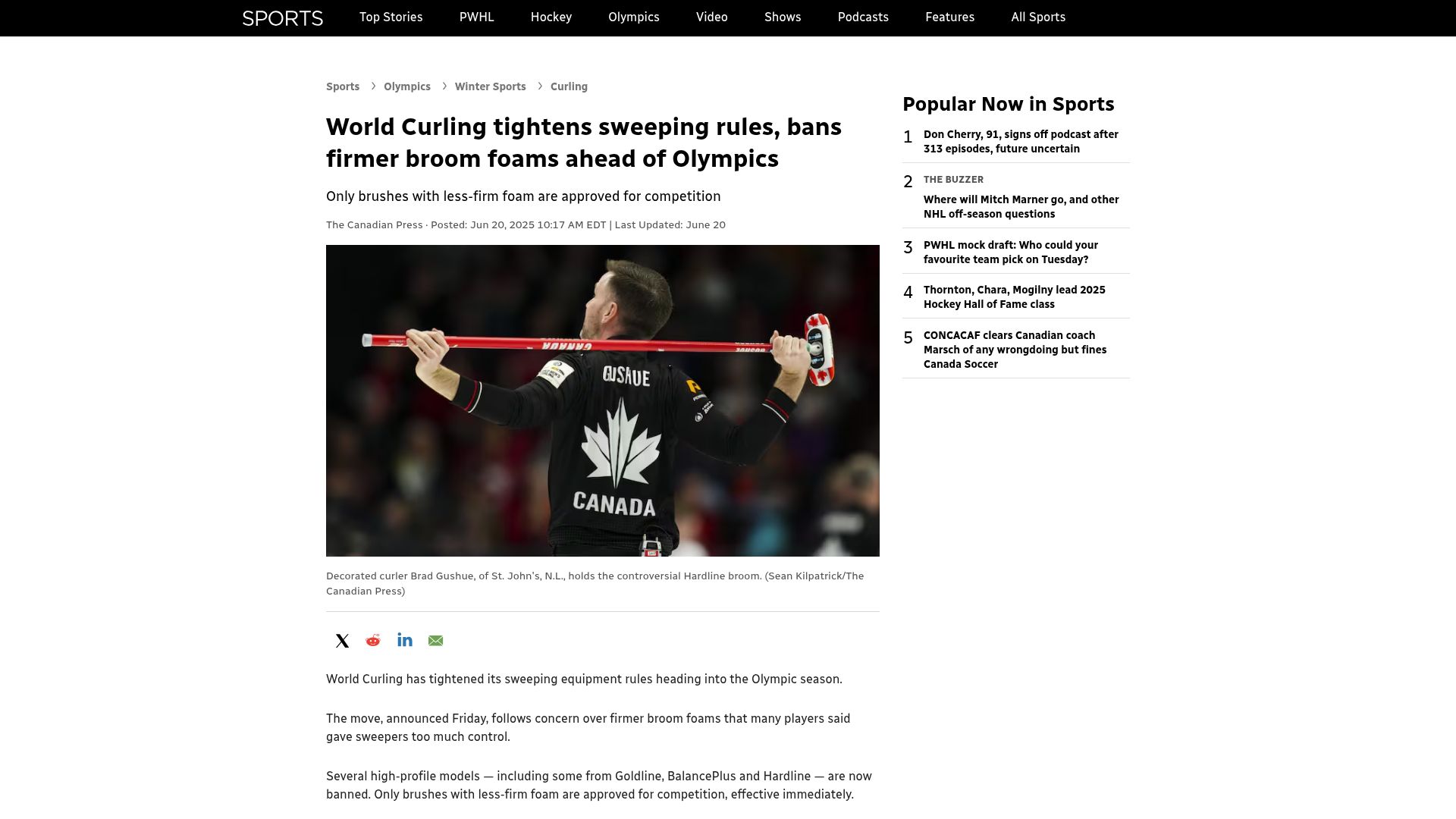 Screenshot of cbc.ca: World Curling tightens sweeping rules, bans firmer broom foams ahead of Olympics