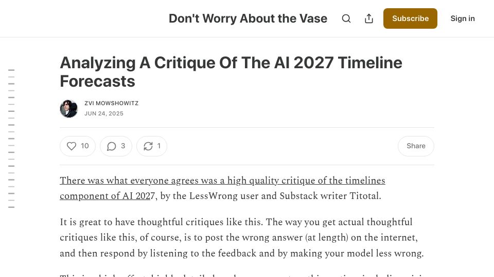Screenshot of thezvi.substack.com: Analyzing a Critique of the AI 2027 Timeline Forecasts