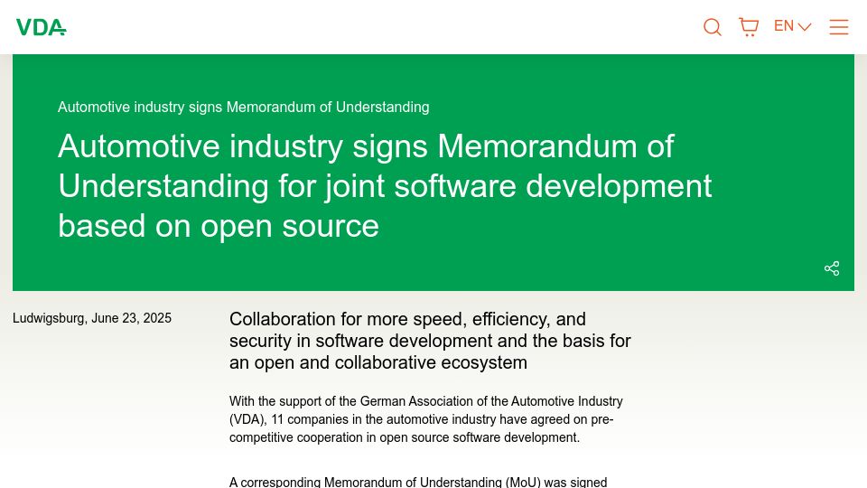Screenshot of vda.de: The German automotive industry wants to develop open-source software together