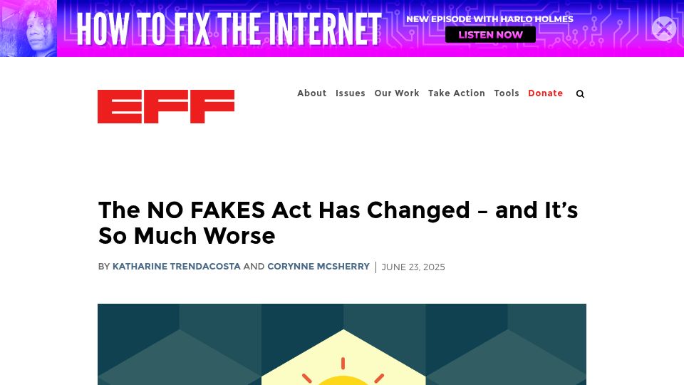Screenshot of eff.org: The NO FAKES act has changed, and it's worse