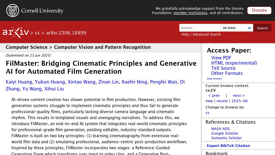 Screenshot of arxiv.org: Bridging Cinematic Principles and Generative AI for Automated Film Generation