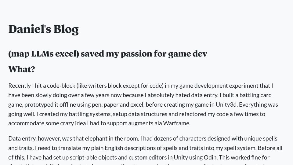 Screenshot of danieltan.weblog.lol: Mapping LLMs over excel saved my passion for game dev