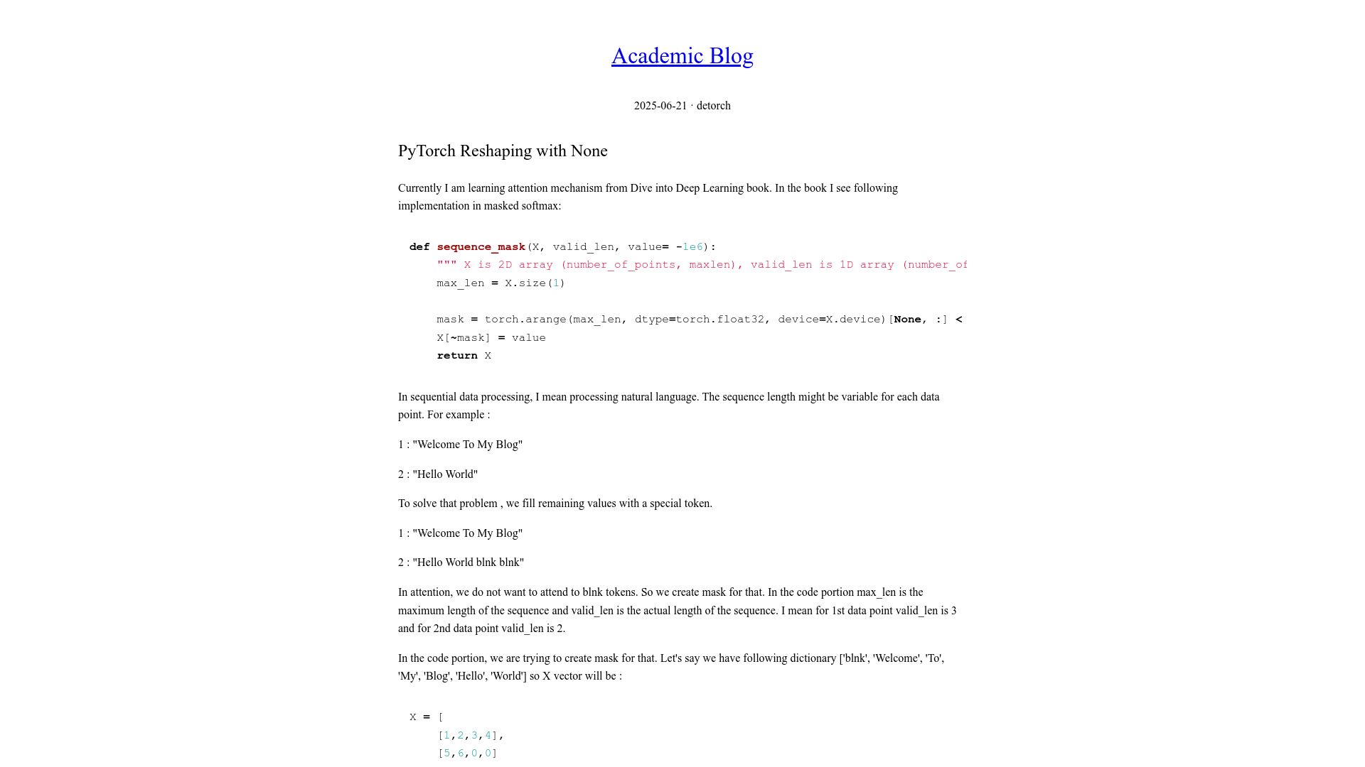 Screenshot of blog.detorch.xyz: PyTorch Reshaping with None