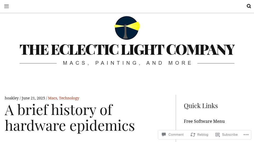 Screenshot of eclecticlight.co: A brief history of hardware epidemics