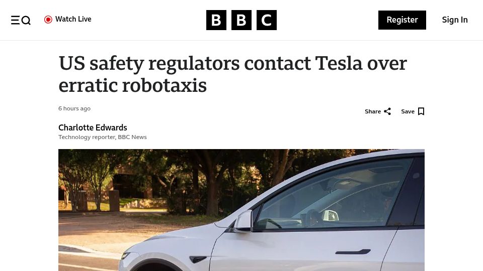 Screenshot of bbc.com: US safety regulators contact Tesla over erratic robotaxis