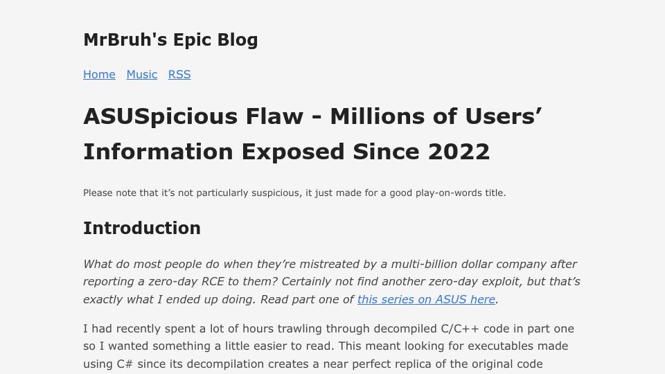 Screenshot of mrbruh.com: ASUSpicious Flaw – Users' Information Exposed Since 2022