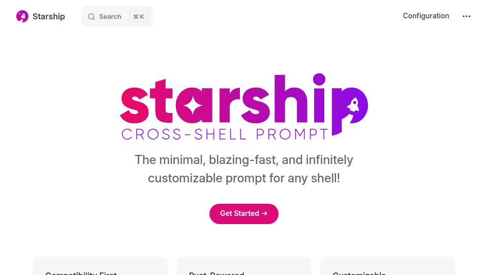 Screenshot of starship.rs: Starship: The minimal, fast, and customizable prompt for any shell