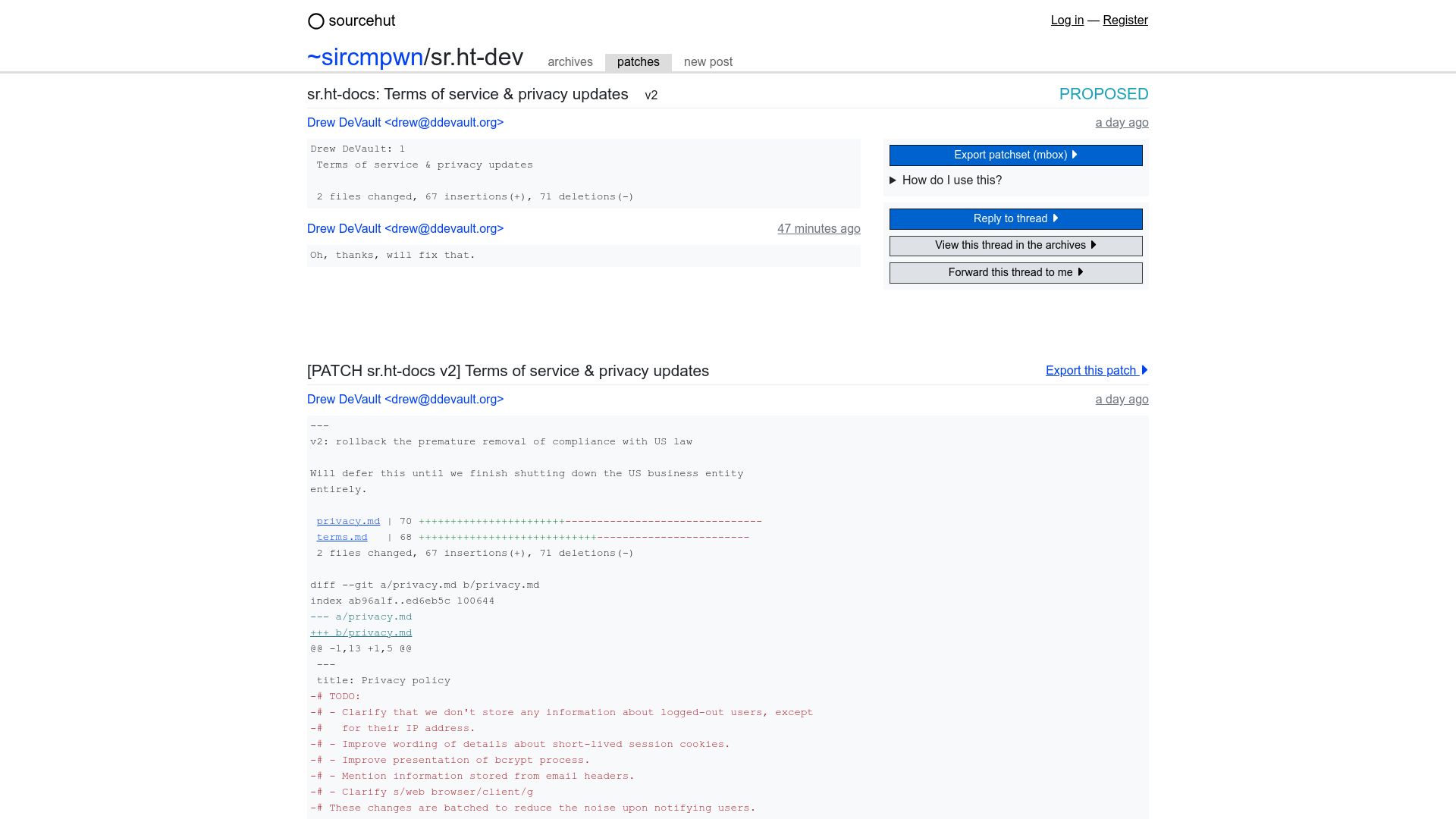 Screenshot of lists.sr.ht: SourceHut moves business operations from US to Europe