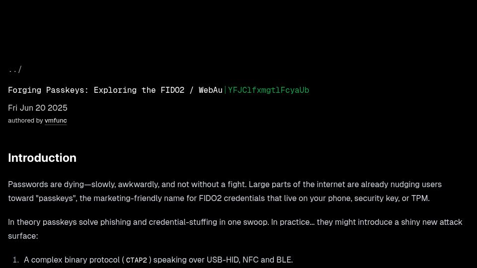 Screenshot of nullpt.rs: Breaking WebAuthn, FIDO2, and Forging Passkeys