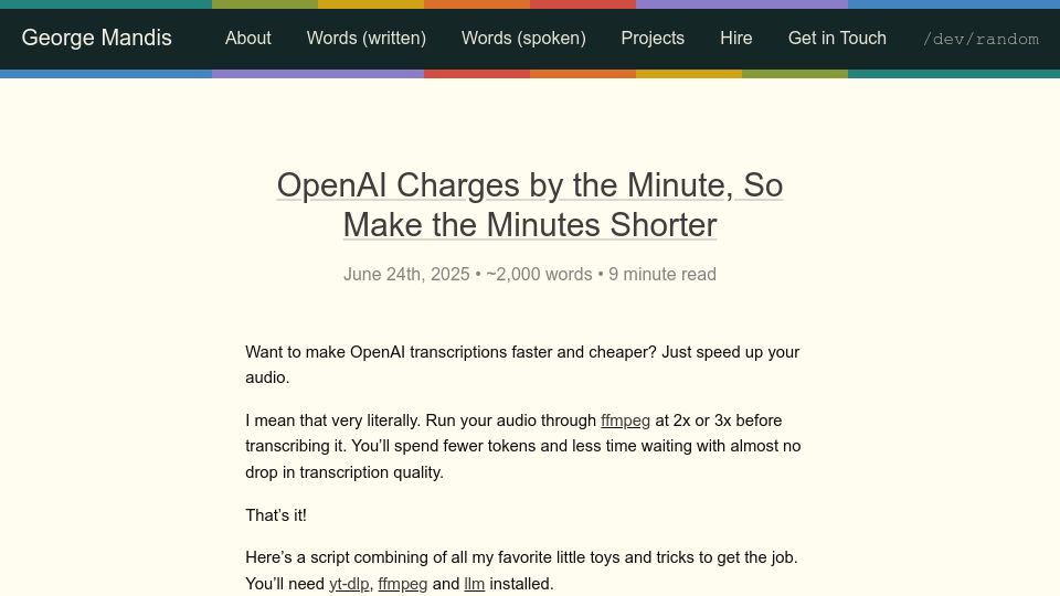 Screenshot of george.mand.is: OpenAI charges by the minute, so speed up your audio