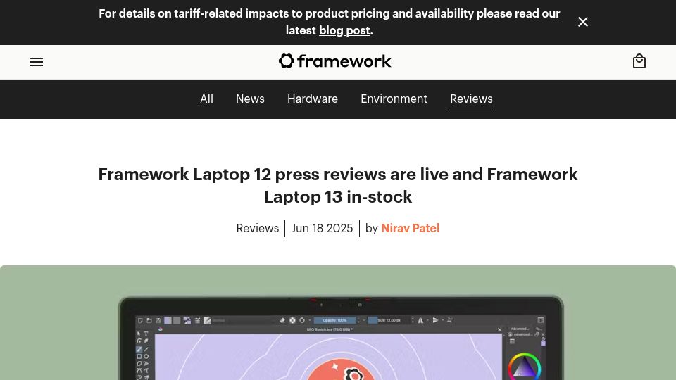Screenshot of frame.work: Framework Laptop 12 press reviews are live and Framework Laptop 13 in-stock
