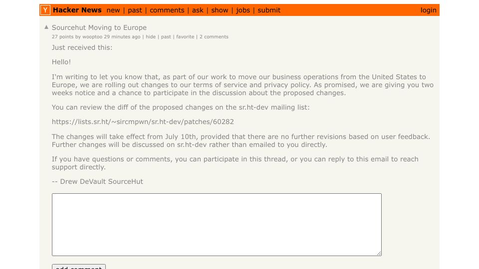Screenshot of Hacker News post: Sourcehut Moving to Europe