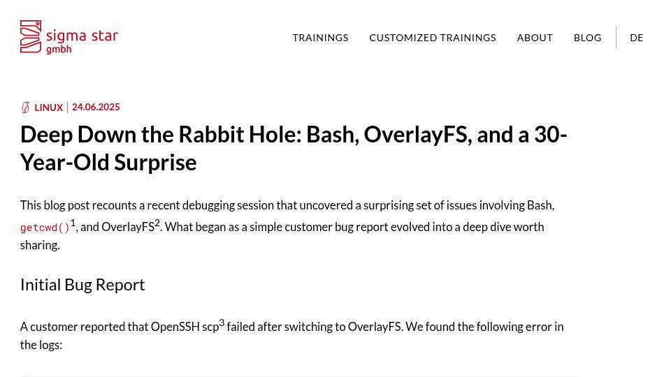 Screenshot of sigma-star.at: Deep Down the Rabbit Hole: Bash, OverlayFS, and a 30-Year-Old Surprise